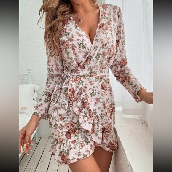 SHEIN Allover Floral Print Belted Ruffle Trim Wrap Hem Dress Size S - Picture 2 of 7